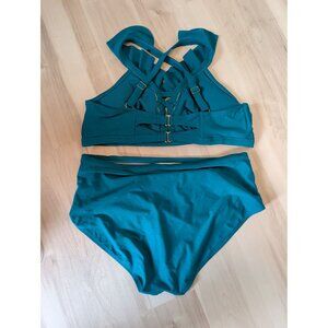 Ruffled Teal Bikini Set With High-Waist Bottoms & Criss-Cross Back 2X